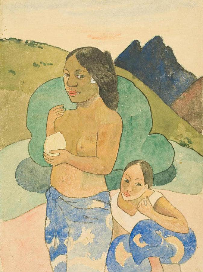 Two Tahitian Women In A Landscape By Paul Gauguin Fine Art Print