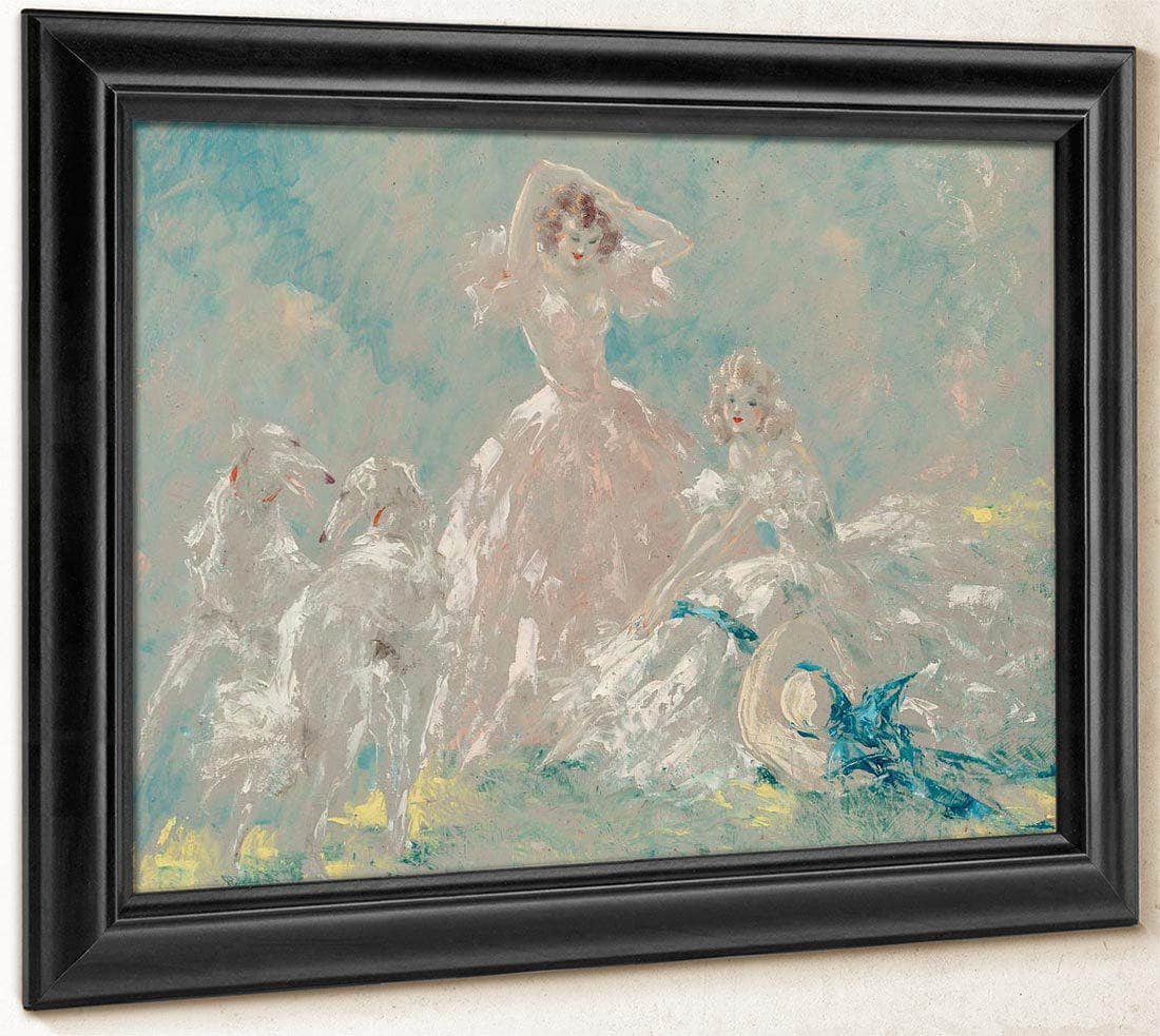 Two Women & Borzois Circa 1930 1940 By Louis Icart Fine Art Print