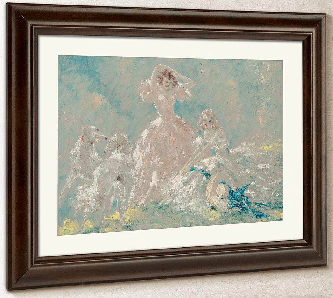 Two Women & Borzois Circa 1930 1940 By Louis Icart Fine Art Print