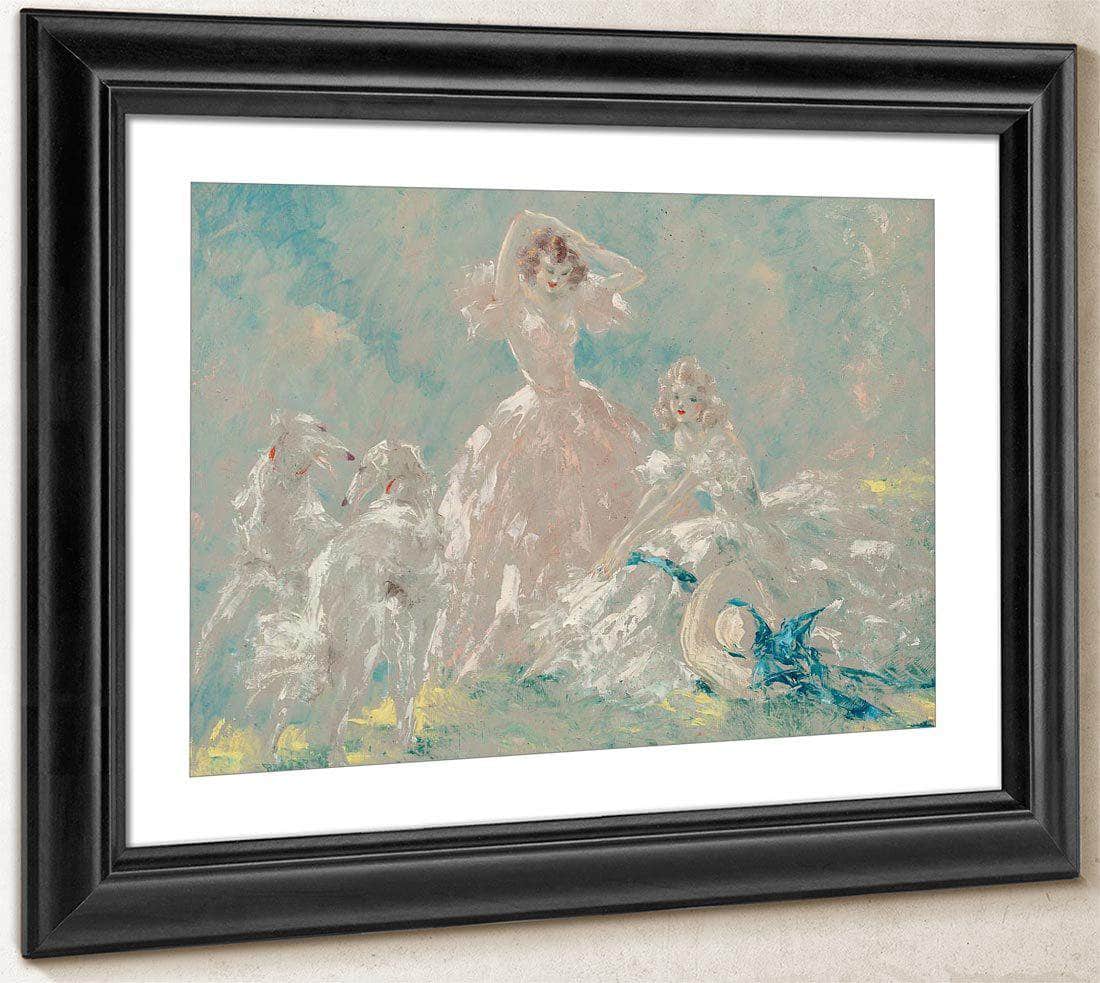 Two Women & Borzois Circa 1930 1940 By Louis Icart Fine Art Print