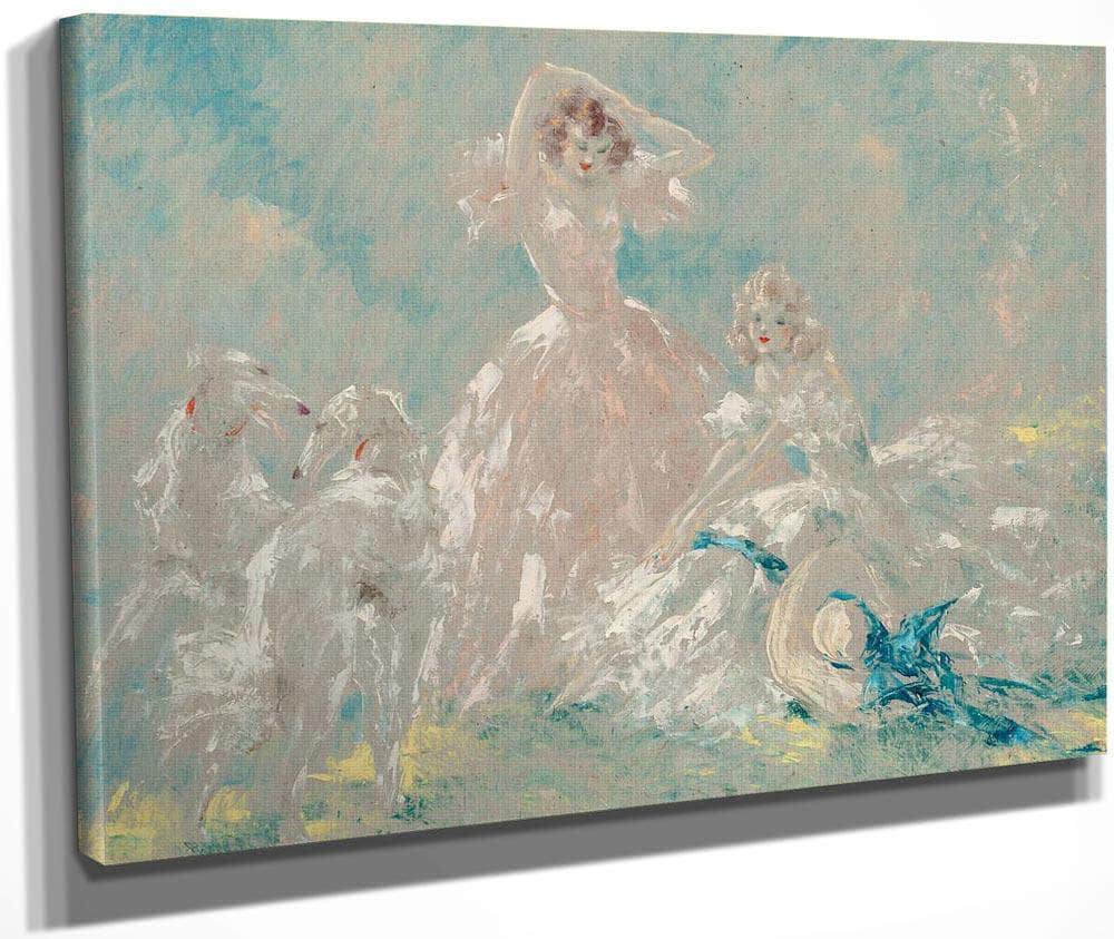 Two Women & Borzois Circa 1930 1940 By Louis Icart Fine Art Print