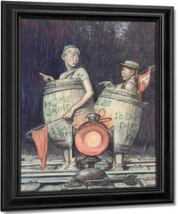Two Young Sports Fans In Barrels By Monte Crews Fine Art Print
