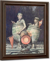 Two Young Sports Fans In Barrels By Monte Crews Fine Art Print