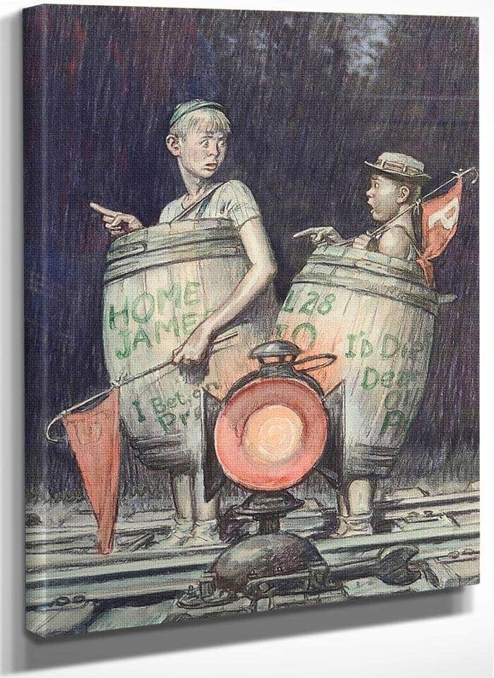 Two Young Sports Fans In Barrels By Monte Crews Fine Art Print