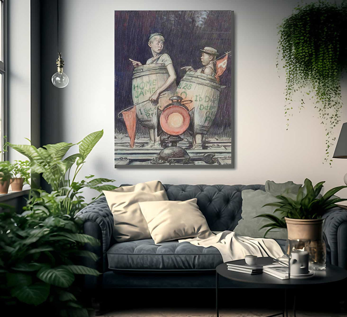 Two Young Sports Fans In Barrels By Monte Crews Fine Art Print