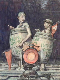 Two Young Sports Fans In Barrels By Monte Crews Fine Art Print