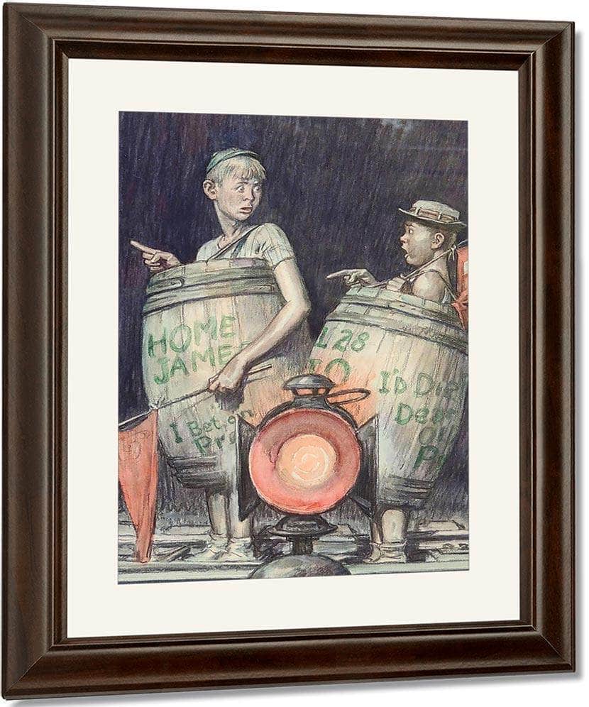Two Young Sports Fans In Barrels By Monte Crews Fine Art Print