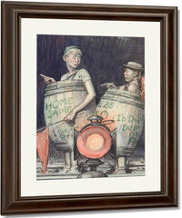 Two Young Sports Fans In Barrels By Monte Crews Fine Art Print