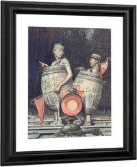 Two Young Sports Fans In Barrels By Monte Crews Fine Art Print