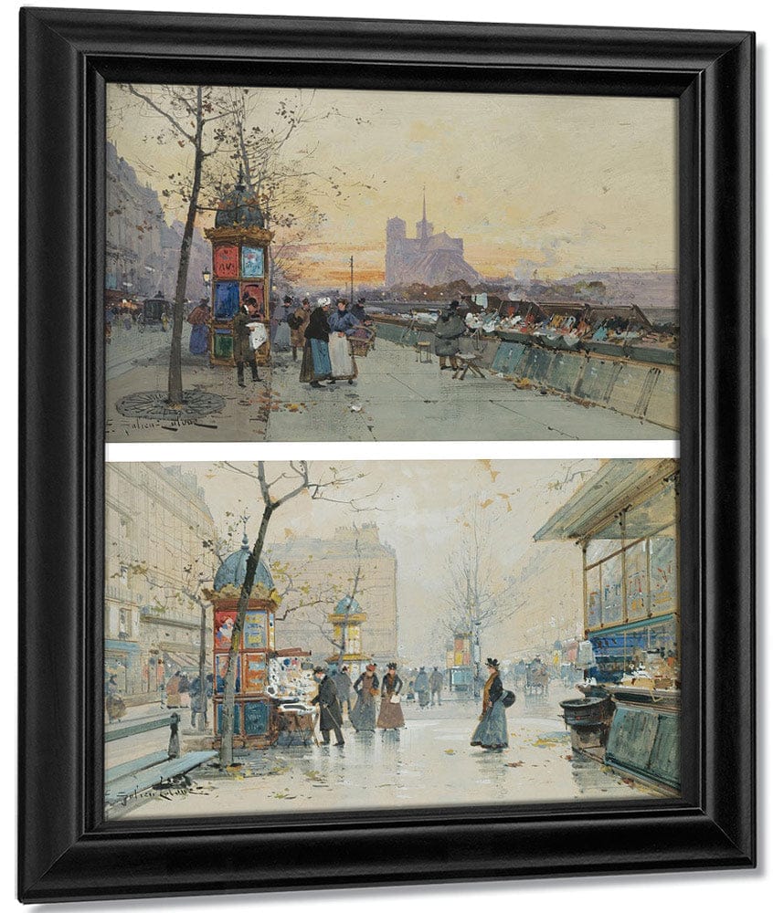 Vue De Notre Dame Quai De Montebello; Boulevard Des Capucines Kiosque À Journaux; A Pair By Eugene Galien Laloue Fine Art Print