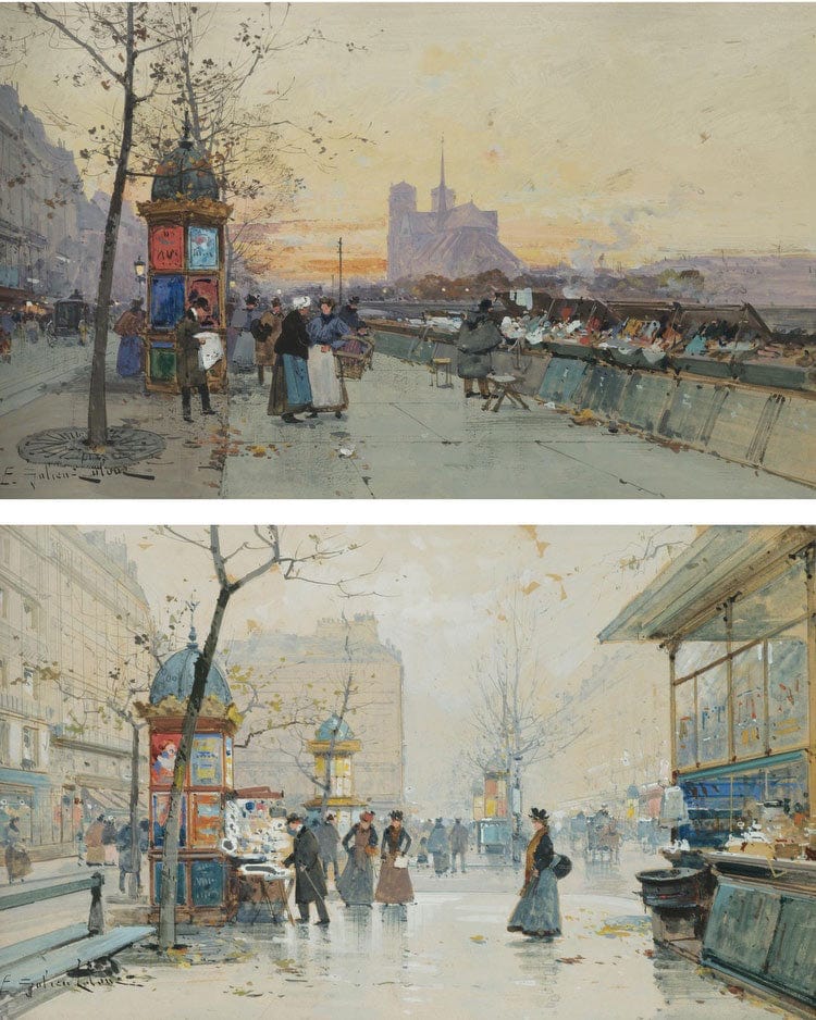 Vue De Notre Dame Quai De Montebello; Boulevard Des Capucines Kiosque À Journaux; A Pair By Eugene Galien Laloue Fine Art Print
