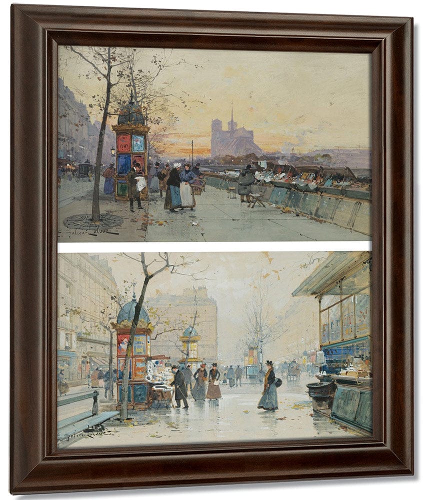 Vue De Notre Dame Quai De Montebello; Boulevard Des Capucines Kiosque À Journaux; A Pair By Eugene Galien Laloue Fine Art Print