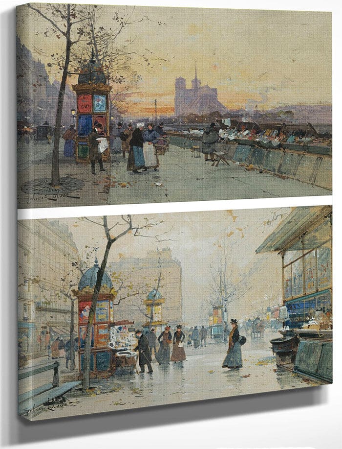 Vue De Notre Dame Quai De Montebello; Boulevard Des Capucines Kiosque À Journaux; A Pair By Eugene Galien Laloue Fine Art Print