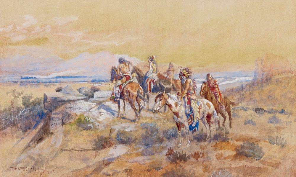 Watching The Iron Horse By Charles Marion Russell Fine Art Print