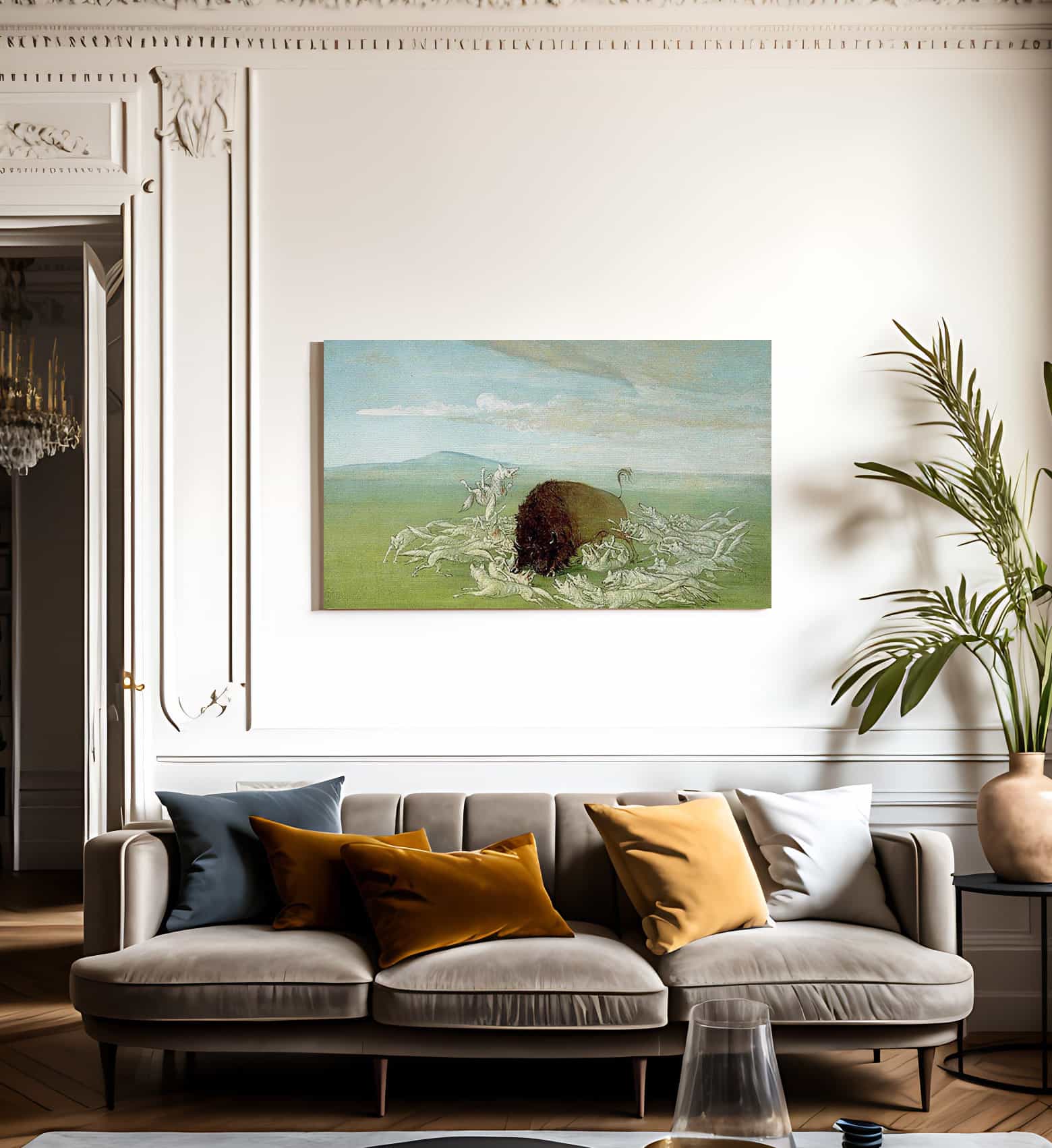 White Wolves Attacking A Buffalo Bull By George Catlin Fine Art Print