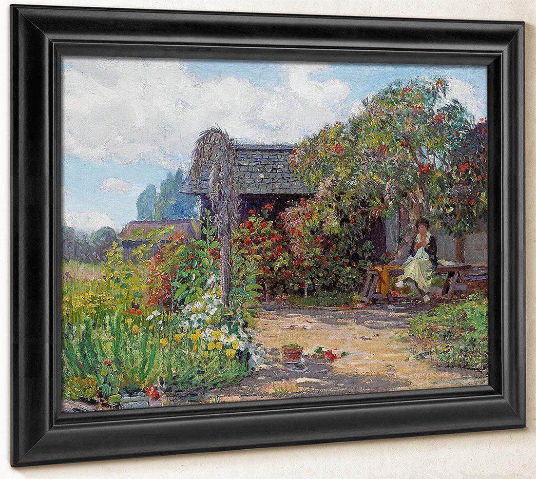 Woman In A Garden Sewing By Joseph Kleitsch Fine Art Print