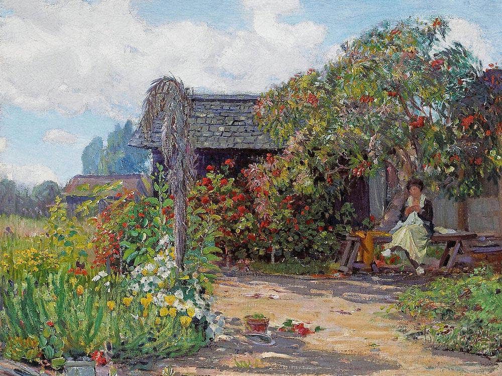 Woman In A Garden Sewing By Joseph Kleitsch Fine Art Print