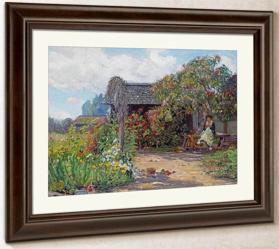 Woman In A Garden Sewing By Joseph Kleitsch Fine Art Print