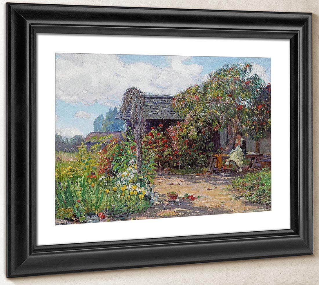 Woman In A Garden Sewing By Joseph Kleitsch Fine Art Print