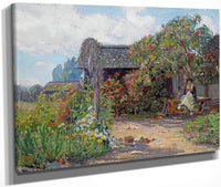 Woman In A Garden Sewing By Joseph Kleitsch Fine Art Print