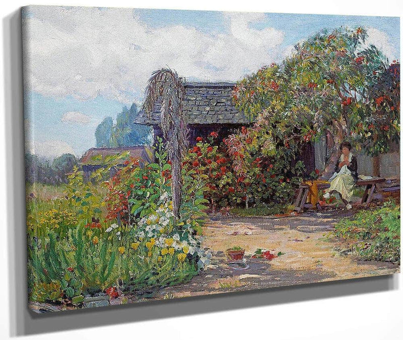 Woman In A Garden Sewing By Joseph Kleitsch Fine Art Print