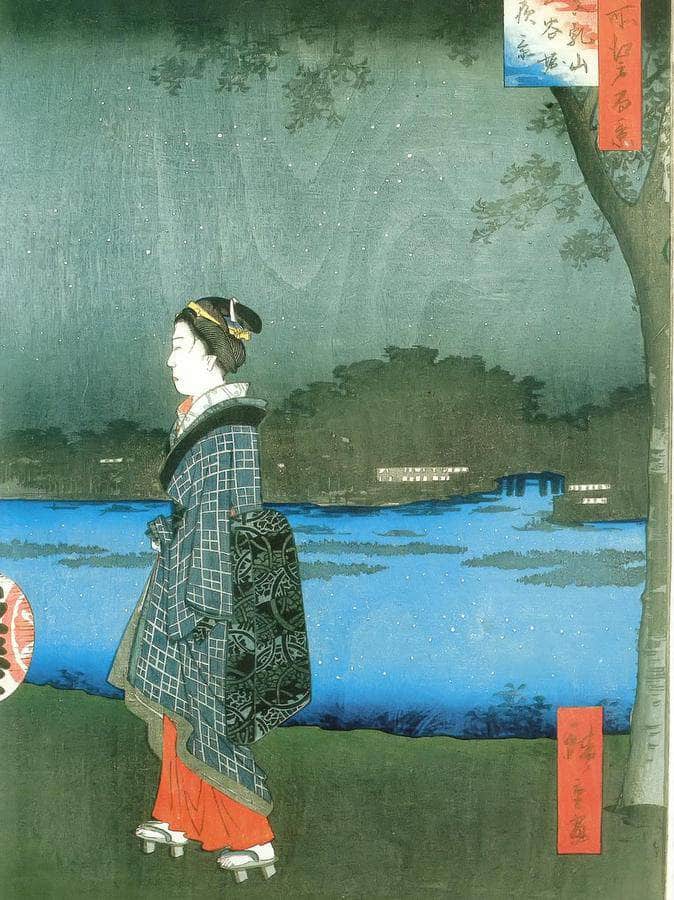 Woman On A River Bank In The Evening By Hiroshige Fine Art Print