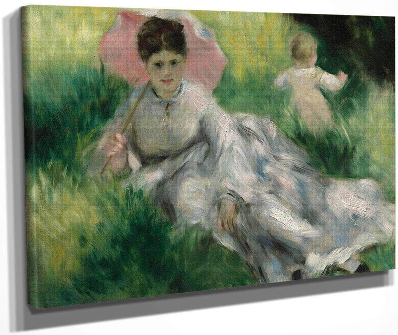 Woman With A Parasol And Small Child On A Sunlit Hillside By Pierre August Renoir Fine Art Print