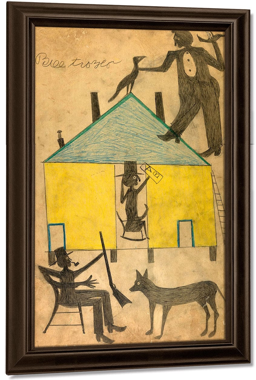 Yellow And Blue House With Figures And Dog By Bill Traylor Fine Art Print