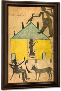 Yellow And Blue House With Figures And Dog By Bill Traylor Fine Art Print