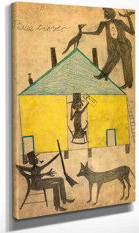 Yellow And Blue House With Figures And Dog By Bill Traylor Fine Art Print