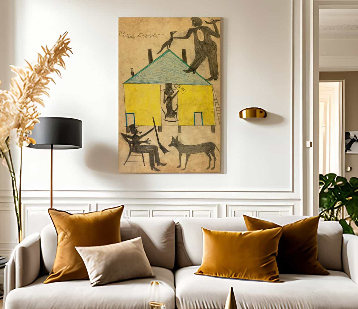 Yellow And Blue House With Figures And Dog By Bill Traylor Fine Art Print