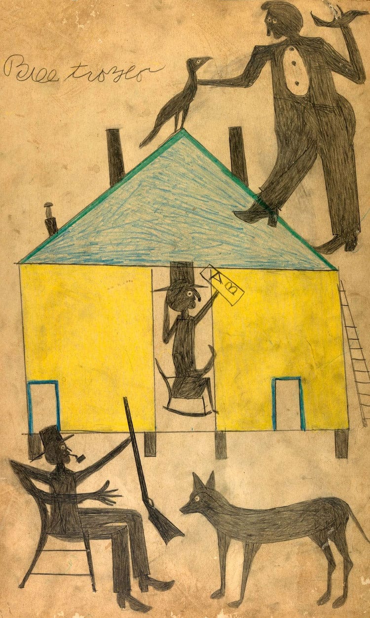 Yellow And Blue House With Figures And Dog By Bill Traylor Fine Art Print