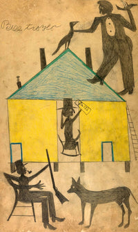 Yellow And Blue House With Figures And Dog By Bill Traylor Fine Art Print