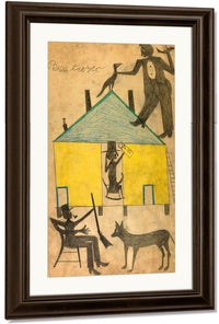 Yellow And Blue House With Figures And Dog By Bill Traylor Fine Art Print