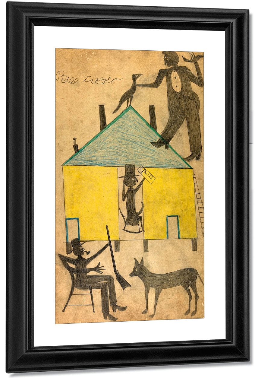 Yellow And Blue House With Figures And Dog By Bill Traylor Fine Art Print
