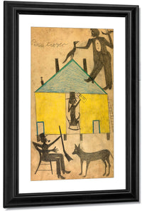 Yellow And Blue House With Figures And Dog By Bill Traylor Fine Art Print
