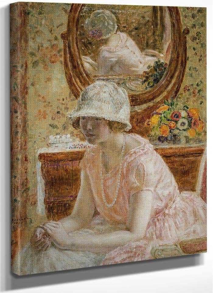 Young Girl Before A Mirror In A Pink Dress By Frederick Carl Frieseke Fine Art Print