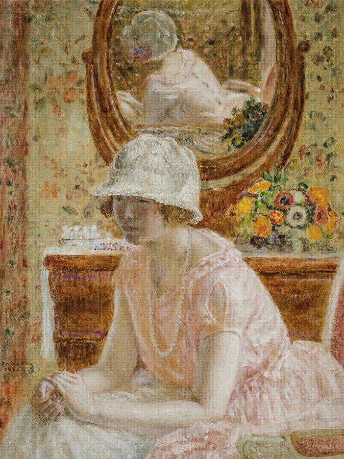 Young Girl Before A Mirror In A Pink Dress By Frederick Carl Frieseke Fine Art Print