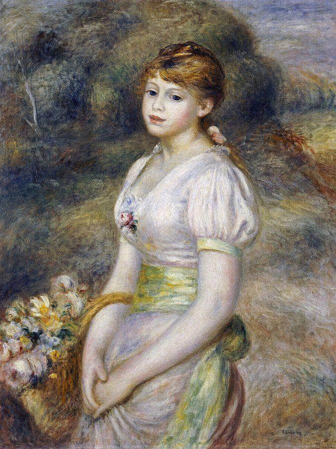 Young Girl With A Basket Of Flowers By Pierre Auguste Renoir Fine Art Print