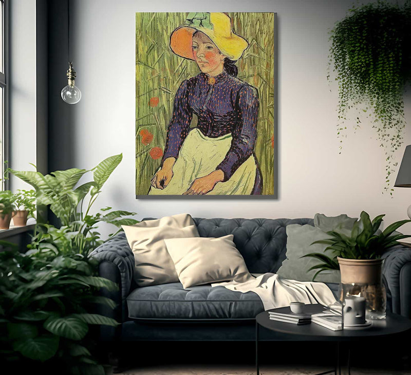 Young Peasant Woman With Straw Hat Sitting In The Wheat By Vincent Van Gogh Fine Art Print