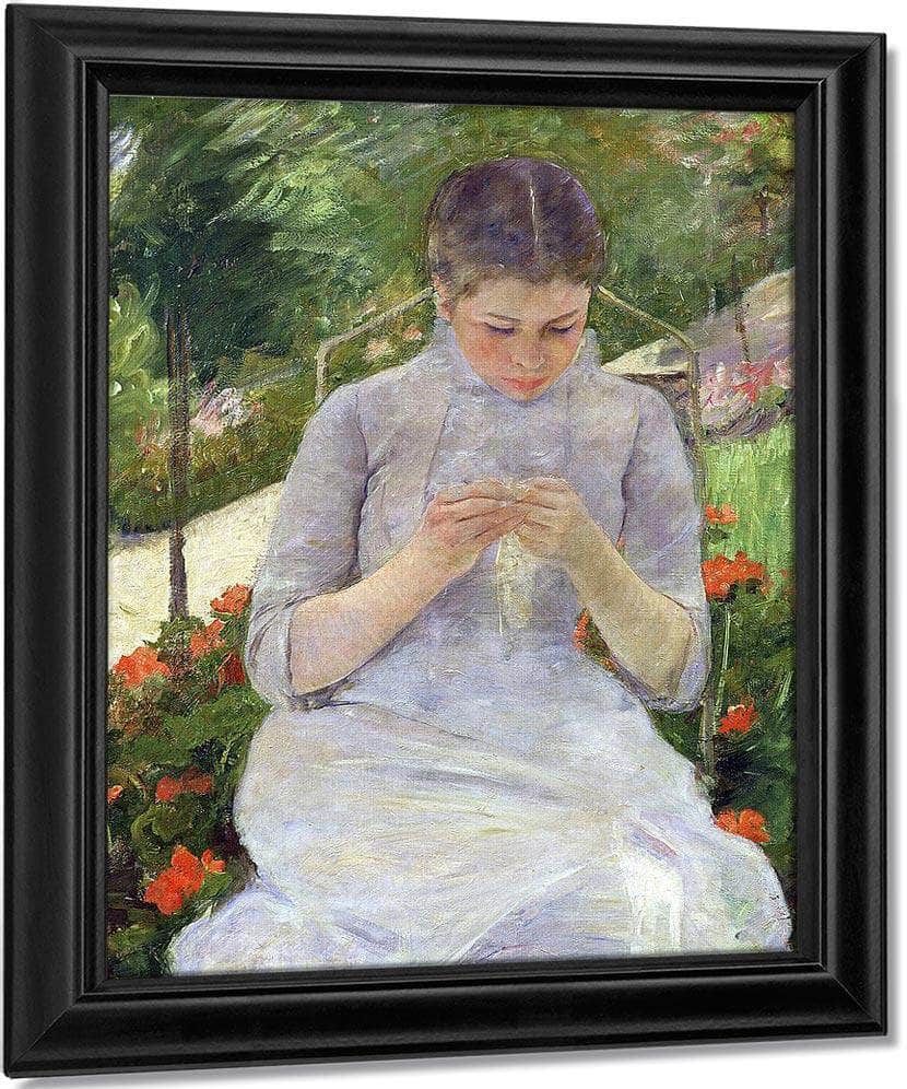 Young Woman Sewing In The Garden By Mary Cassatt Fine Art Print