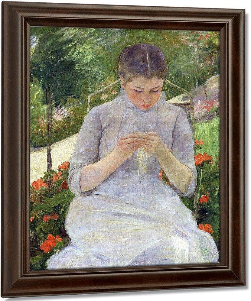 Young Woman Sewing In The Garden By Mary Cassatt Fine Art Print