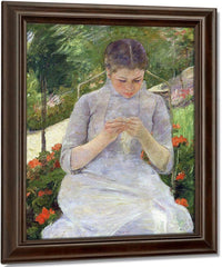 Young Woman Sewing In The Garden By Mary Cassatt Fine Art Print