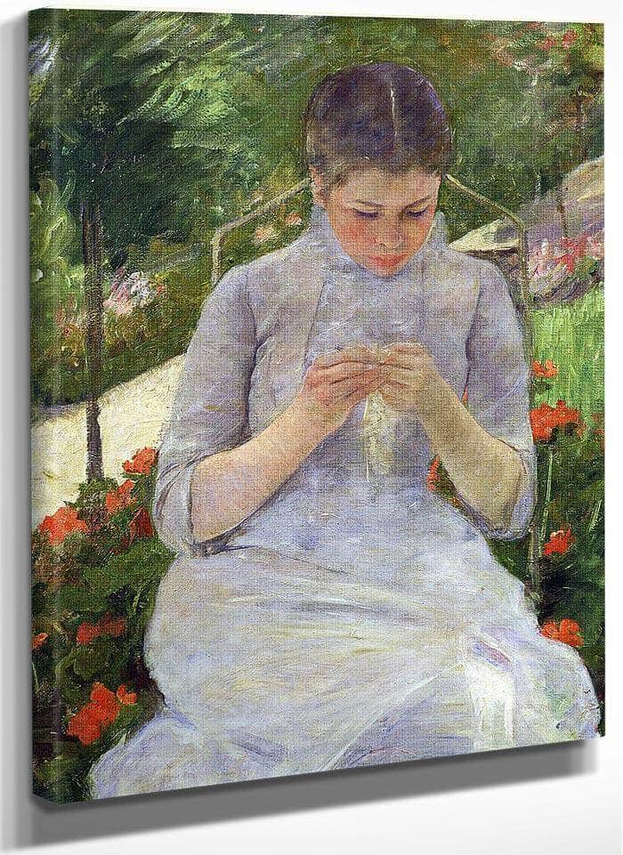 Young Woman Sewing In The Garden By Mary Cassatt Fine Art Print