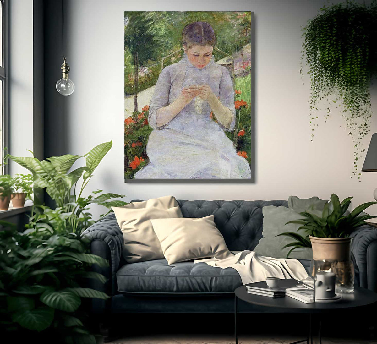 Young Woman Sewing In The Garden By Mary Cassatt Fine Art Print