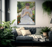 Young Woman Sewing In The Garden By Mary Cassatt Fine Art Print