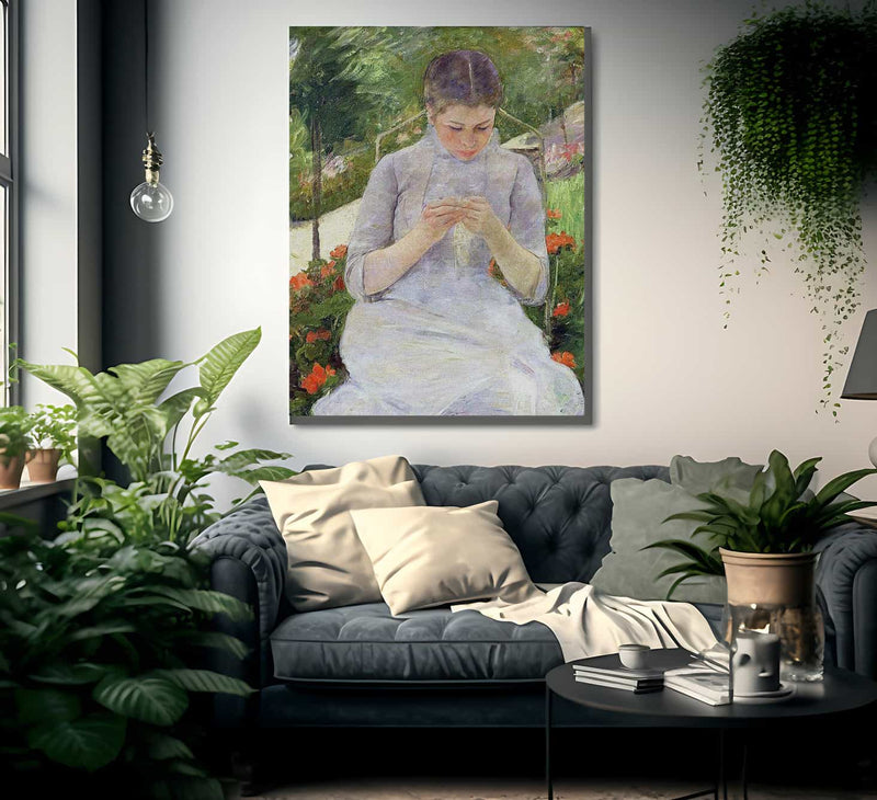 Young Woman Sewing In The Garden By Mary Cassatt Fine Art Print