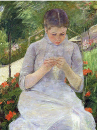 Young Woman Sewing In The Garden By Mary Cassatt Fine Art Print