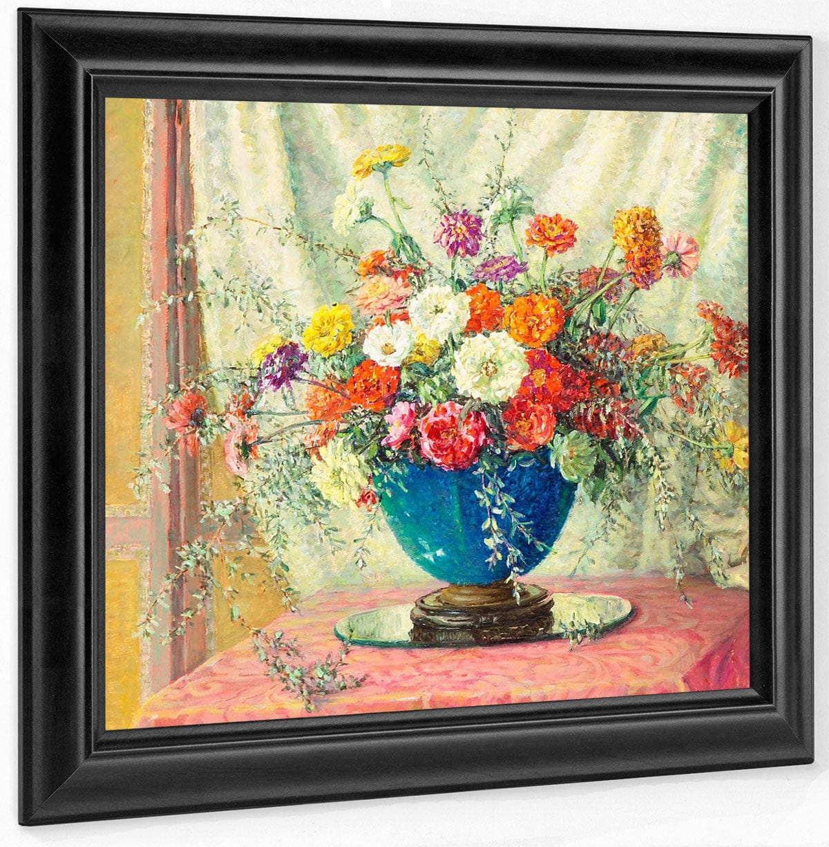 Zinnias In A Blue Vase, 1914 By Anna Lee Stacey Fine Art Print