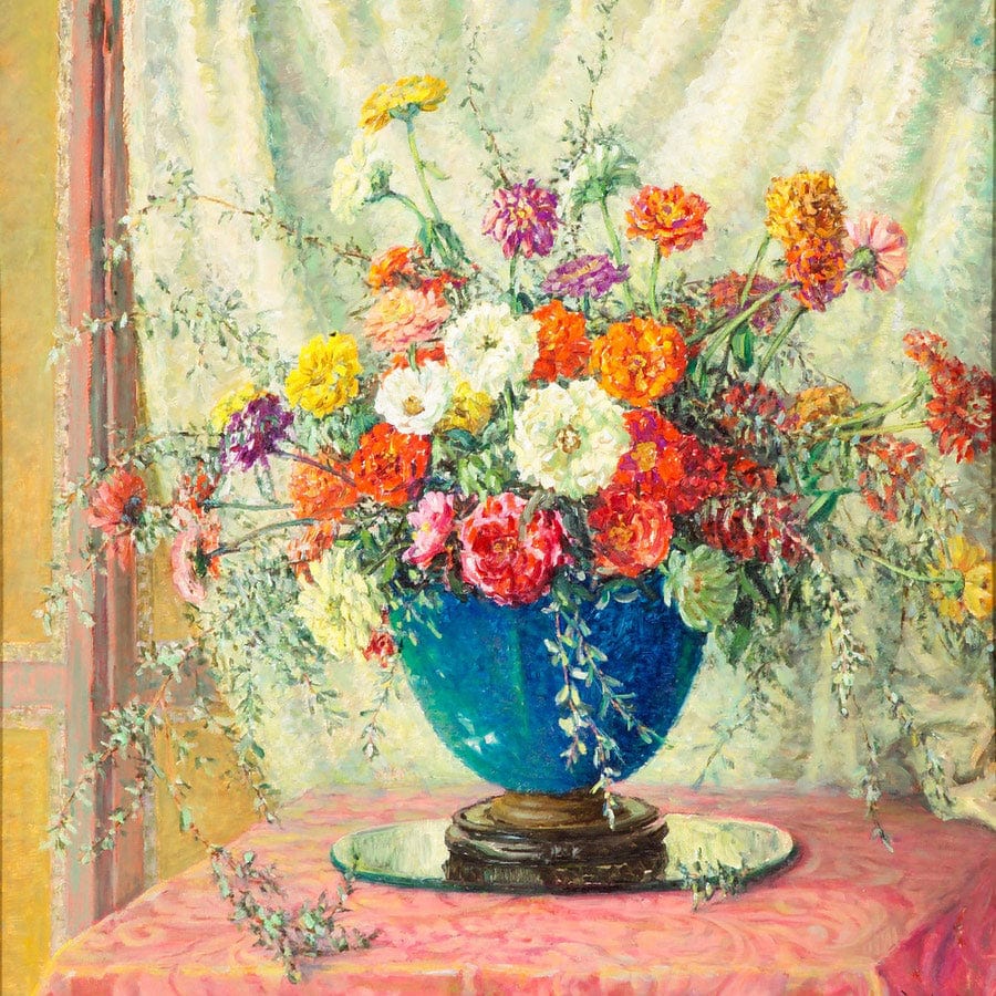 Zinnias In A Blue Vase, 1914 By Anna Lee Stacey Fine Art Print